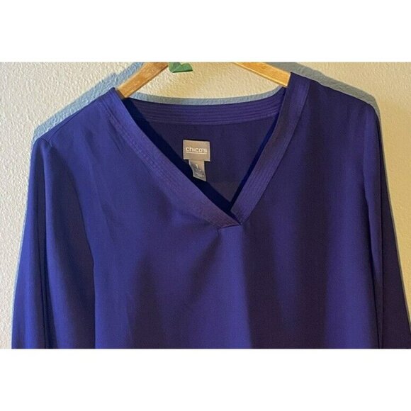 COPY - Chico's Blouse 1/Medium Purple Satin Trim V-Neck Long Roll Tab Sleeve Sh… - Picture 2 of 9